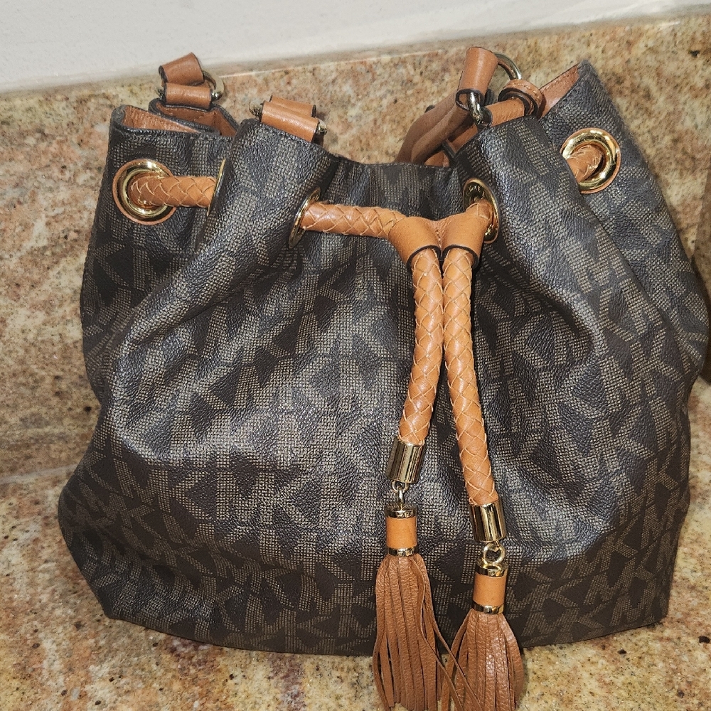 Michael Kors Tan and Brown Shoulder Bag with Elegant Monogram